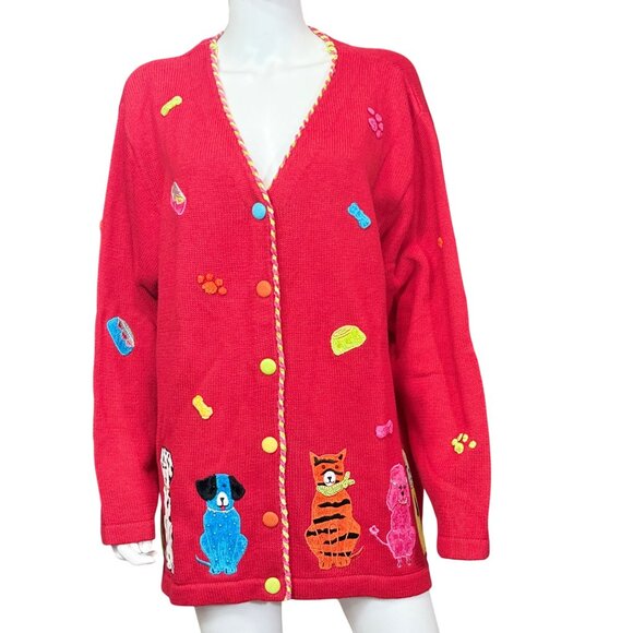 Quacker Factory Womens Cardigan 1X Red Acrylic Cotton Dog & Cat Embroidery - Picture 1 of 8